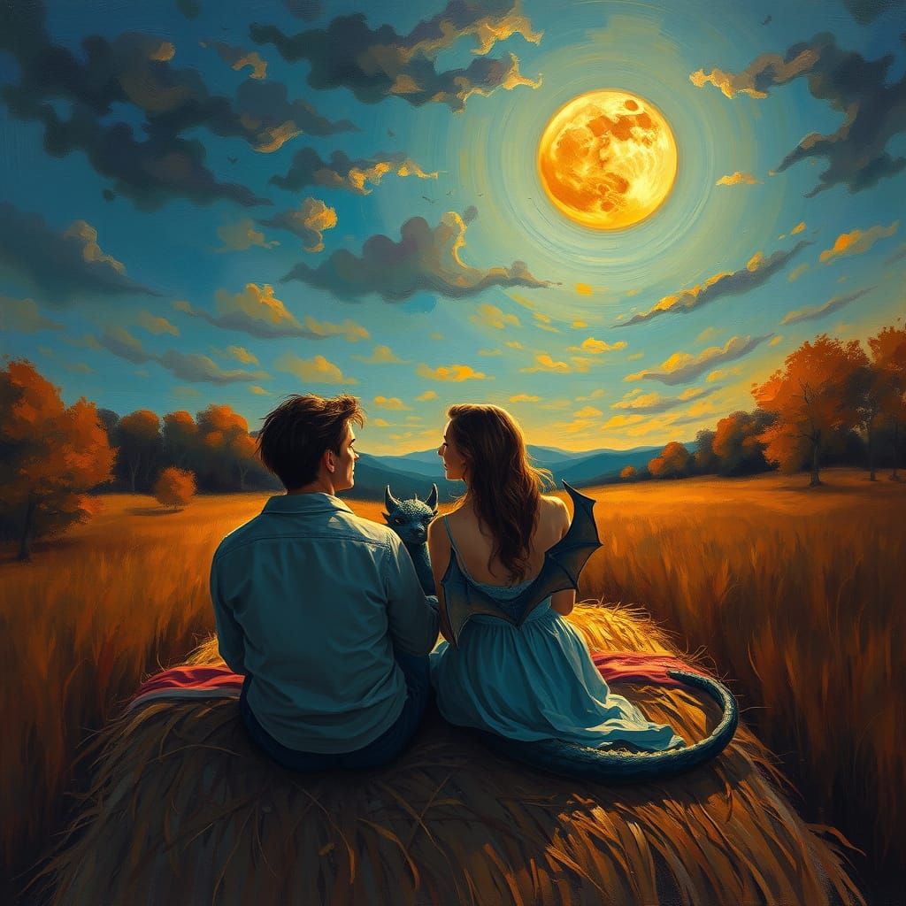 Romantic Hayride with Dragon in Neo-Impressionism Style