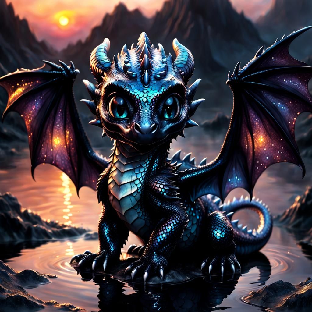 Cute Darkness Dragon Cub in Dark Sunset