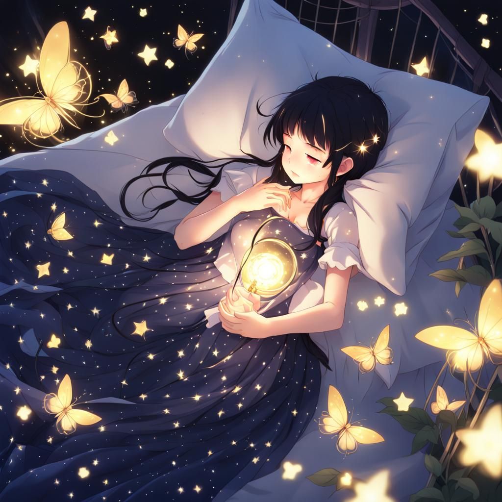 Starry Dress: Anime Girl Asleep with Fireflies