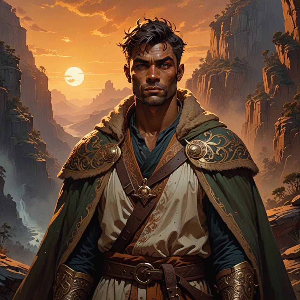 Realistic Fantasy Warrior in Moody Medieval Landscape