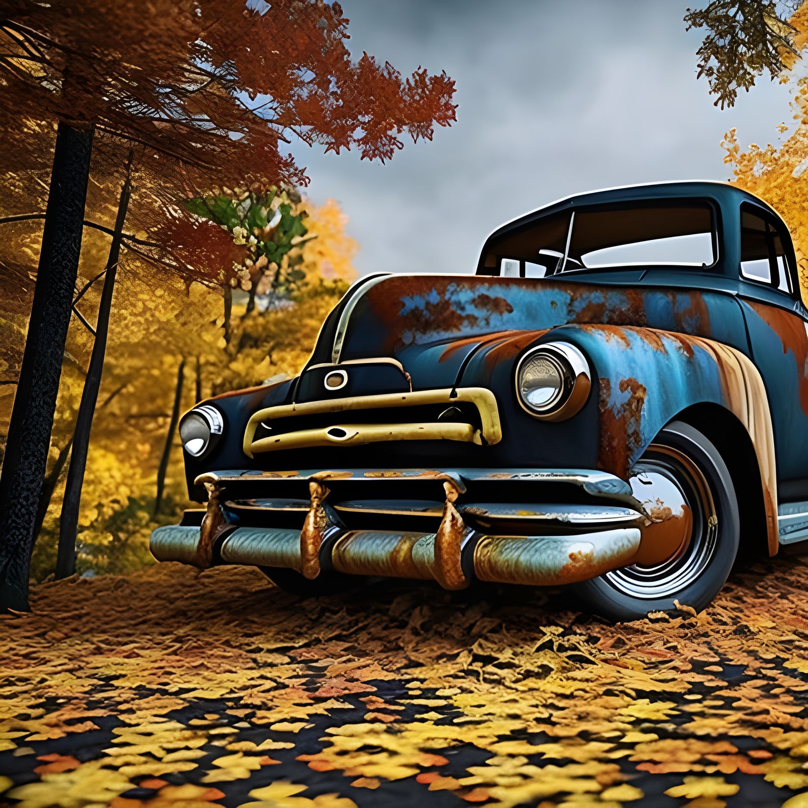 Classic Car Rusting in Autumn Forest: Detailed Matte Paintin...