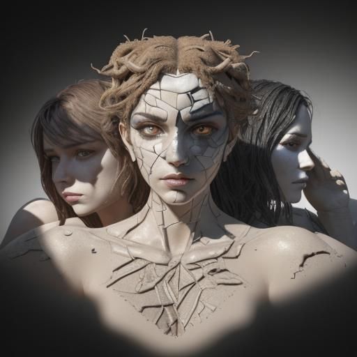Abstract Mosaic of Three Women in Cubist Style