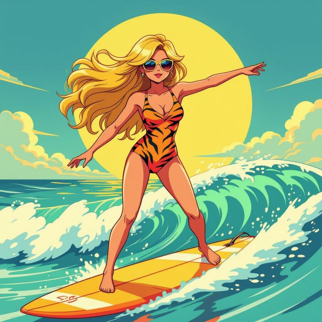 Punk Surfer Girl Riding Waves in 80s Style