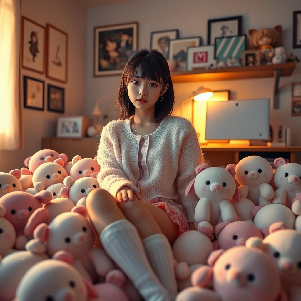 Kawaii Girl Surrounded by Plushies in Hyperrealistic Style