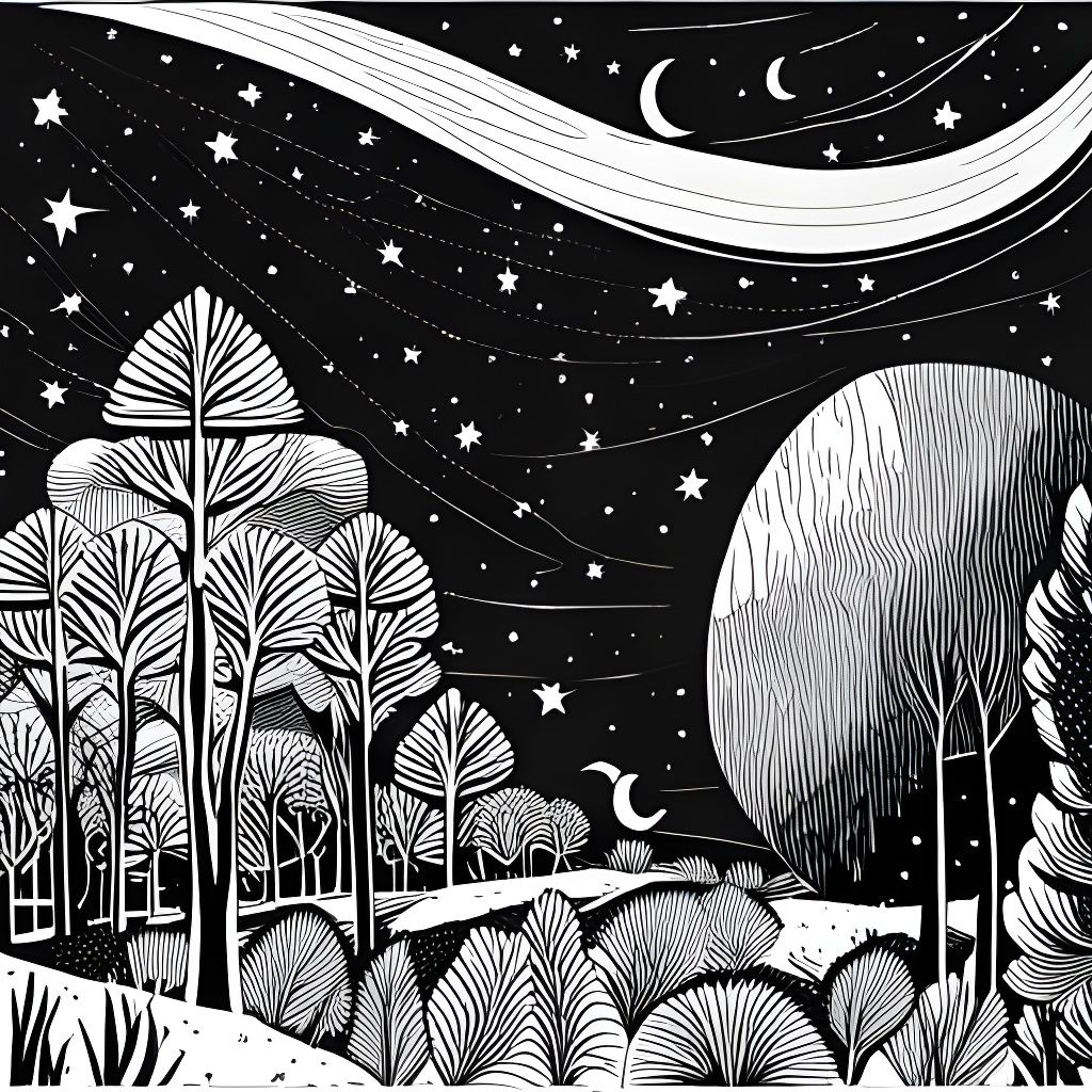 Monochrome Starry Night Line Art in 16k Resolution