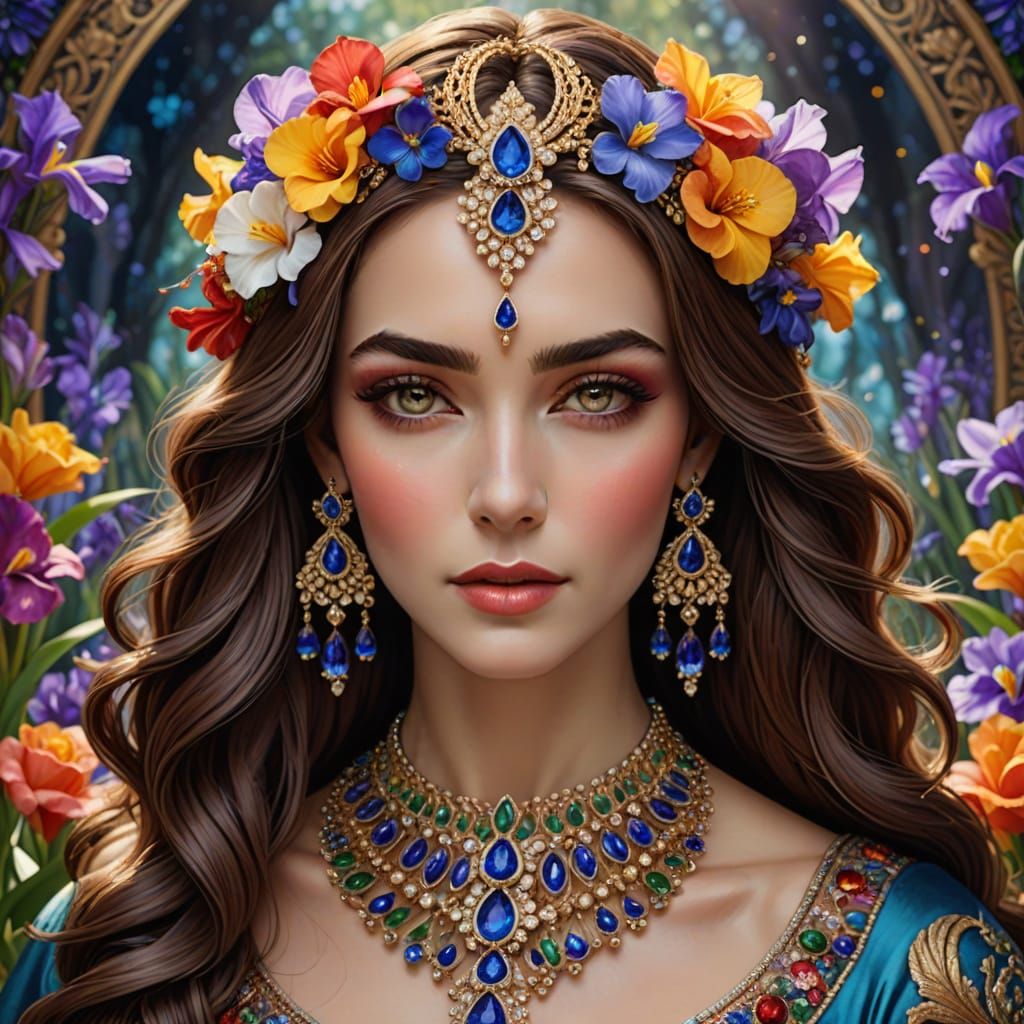 Iris Goddess of Rainbow Portrait with Colorful Gown and Jewe...