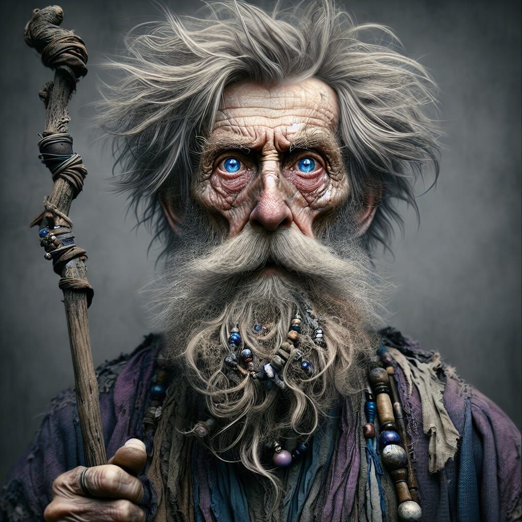 Hyperrealistic Portrait of Eccentric Elderly Man with Wand