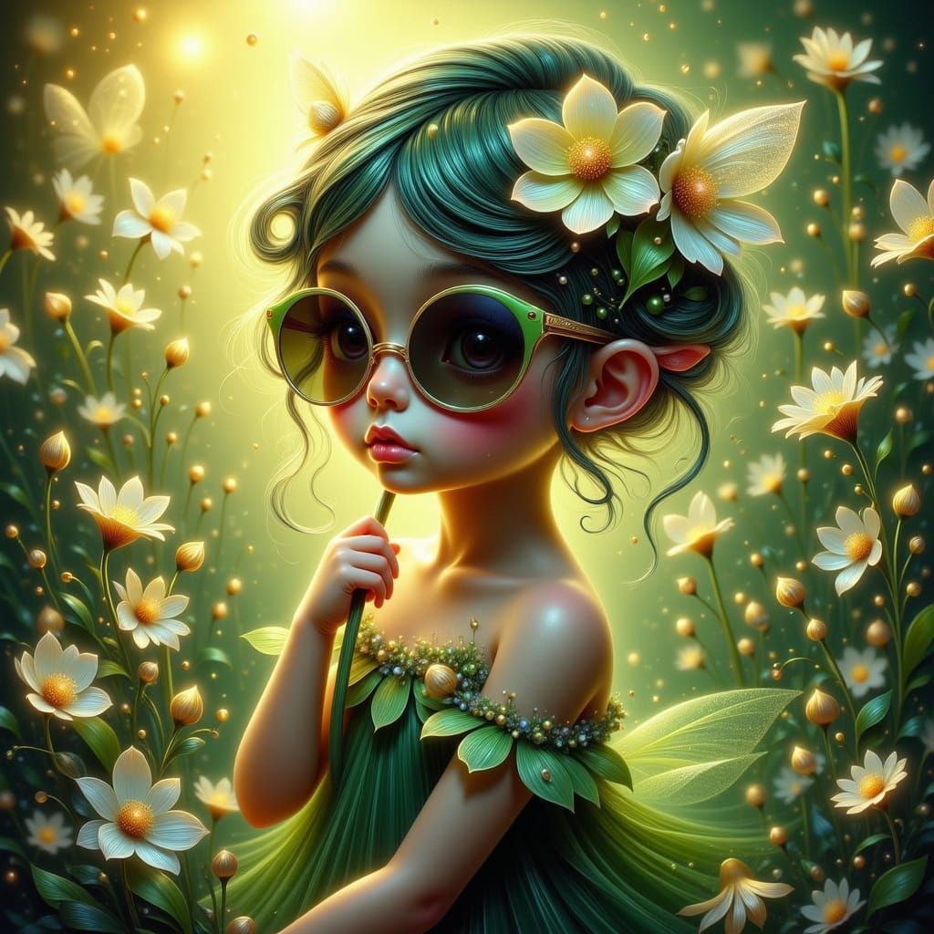 Enchanting Faerie with Daisy Parasol in Art Nouveau Style