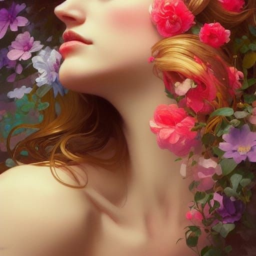 Woman Kissing Flowers: Detailed Portrait in Art Nouveau Styl...