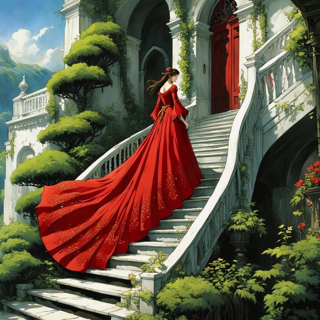 Woman in Red Gown Descending White Stairs