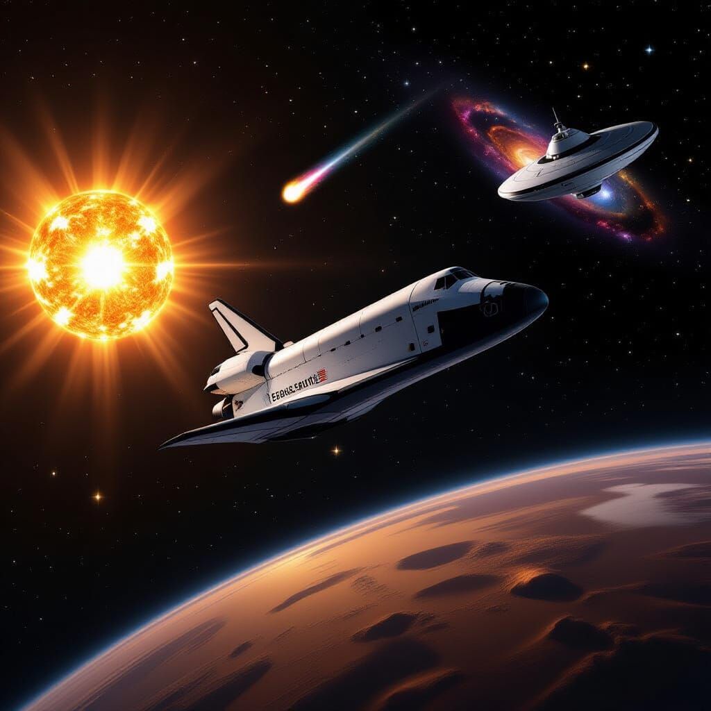 Space Shuttle Orbits Mars With Sun and Supernova