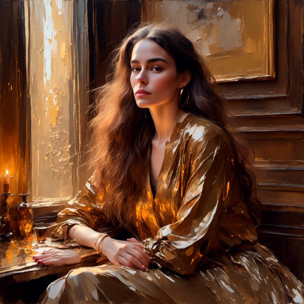 Golden Lit Portrait in Post-Impressionist Oil Style
