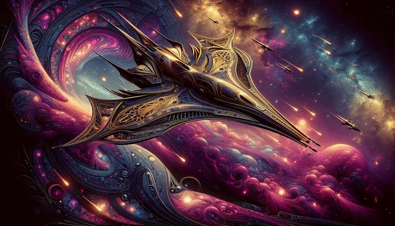 Cyberpunk Spaceship in Art Nouveau Style