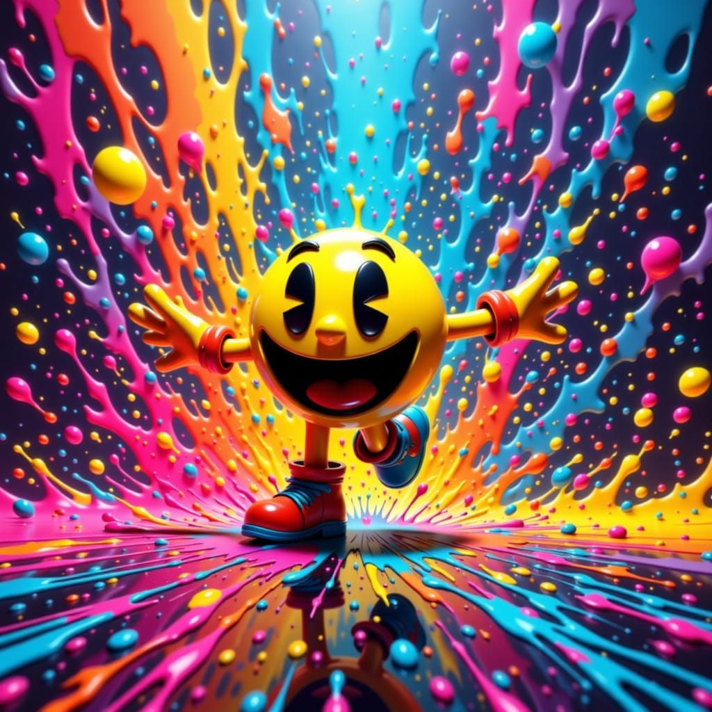 Pacman Dances in Neon Arcade: Abstract Expressionism