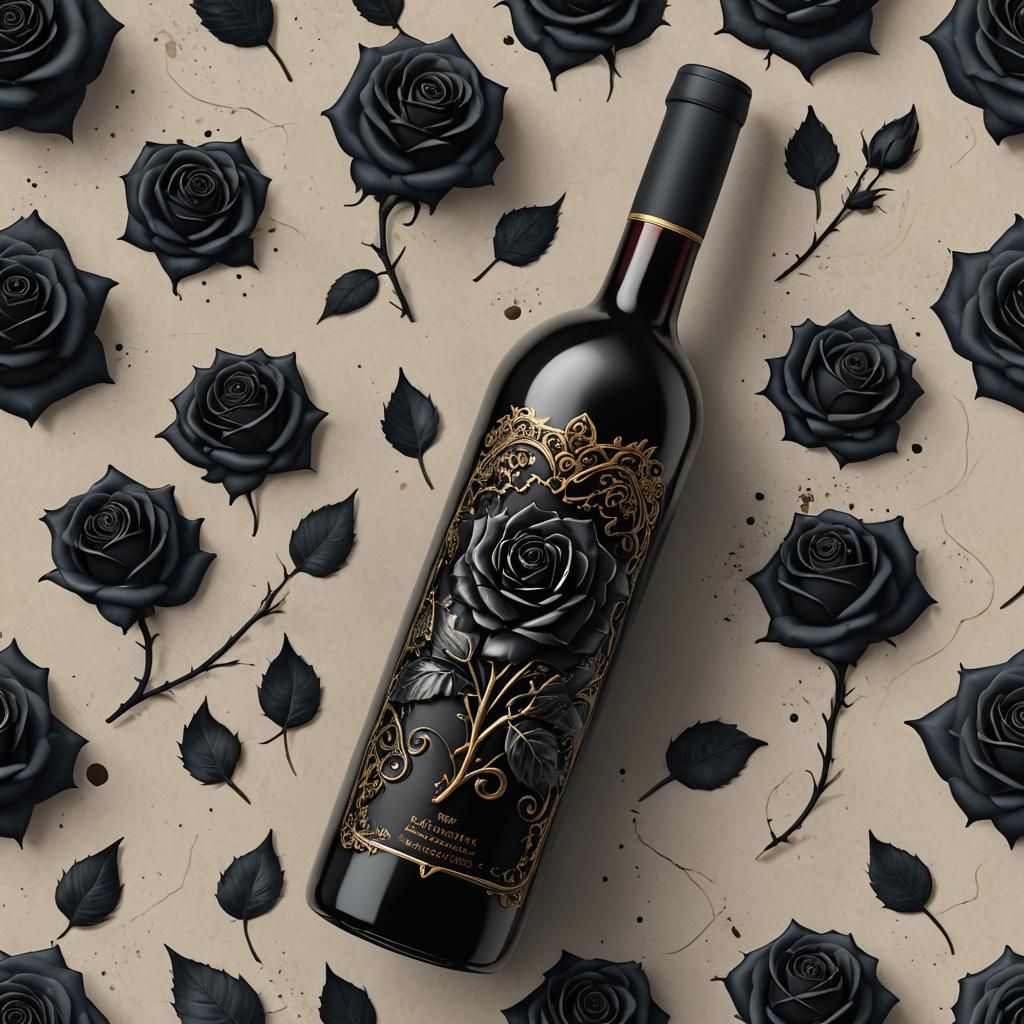 Black Wine Bottle with Rose and Wolf Icon
