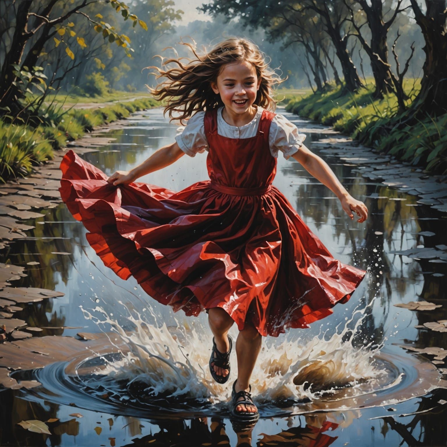 Joyful Girl in Dark Fantasy Oil Painting