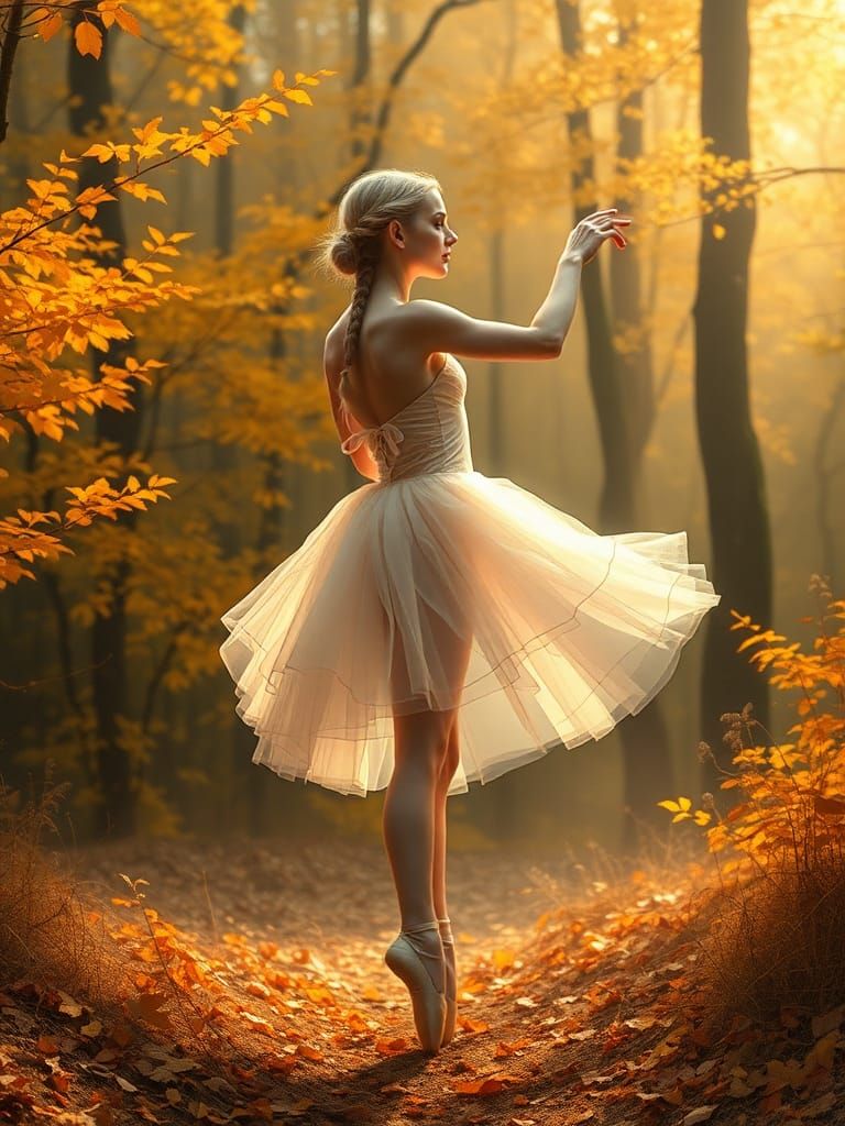 Ballerina Dances in Autumn Forest as Oil Painting
