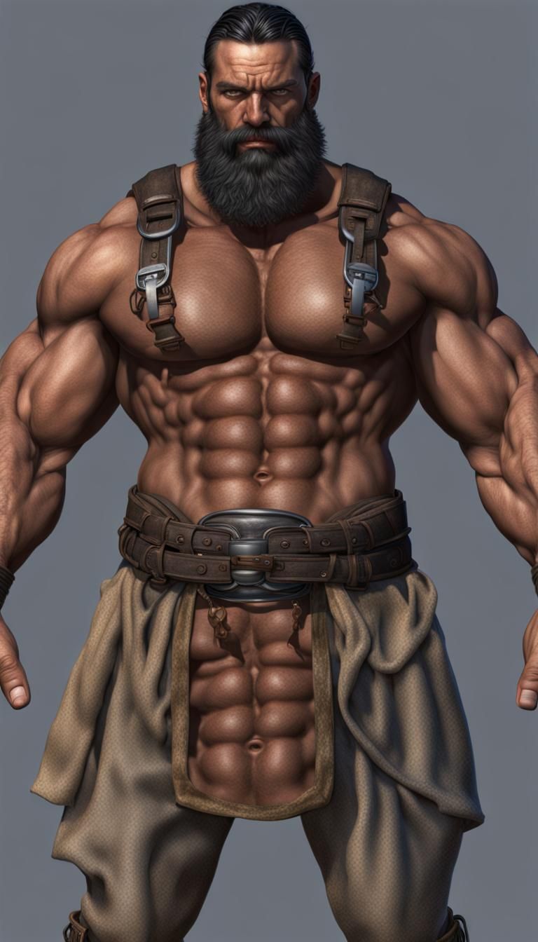 Photorealistic Muscular Giant with Black Beard and Blue Eyes