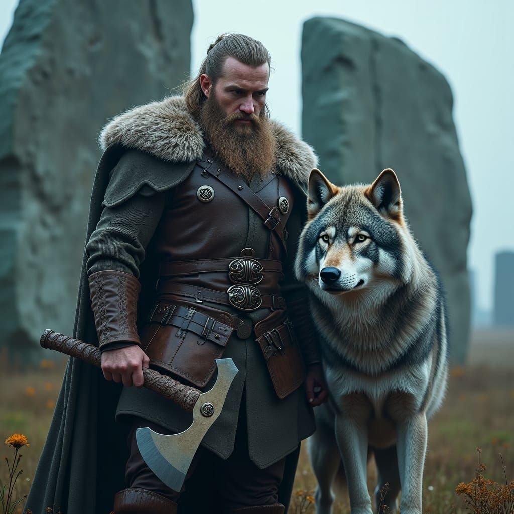 Viking Warrior and Wolf in Ancient Landscape