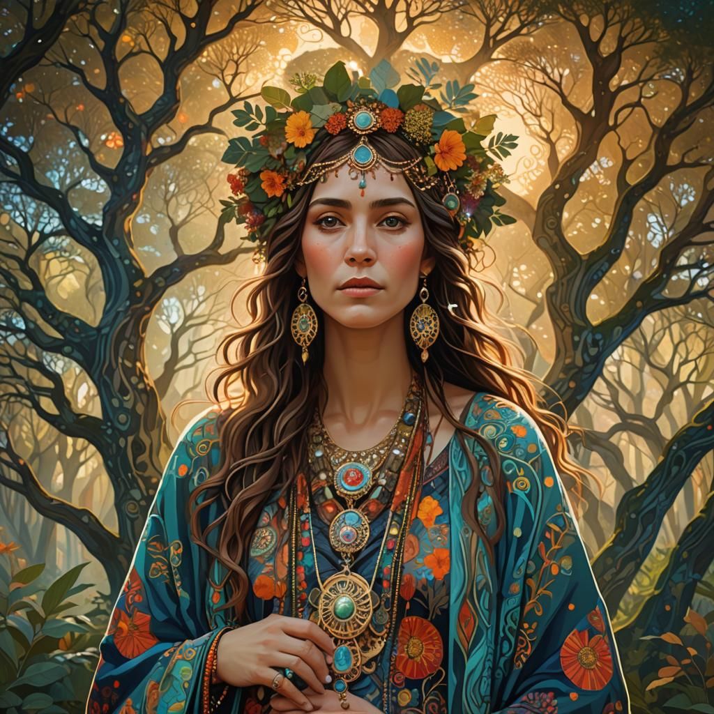 Bohemian Woman Portrait in Klimt-Inspired Fractal Art