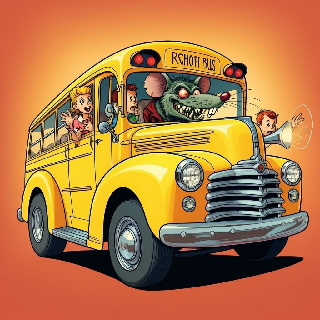 Ratfink Monster Drives Yellow School Bus in Vibrant Kustom K...