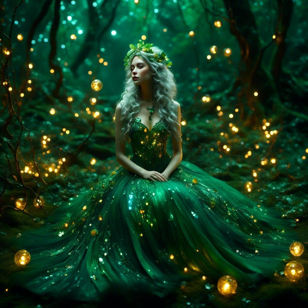 Sparkling Fae Woman in Stained Glass Landscape