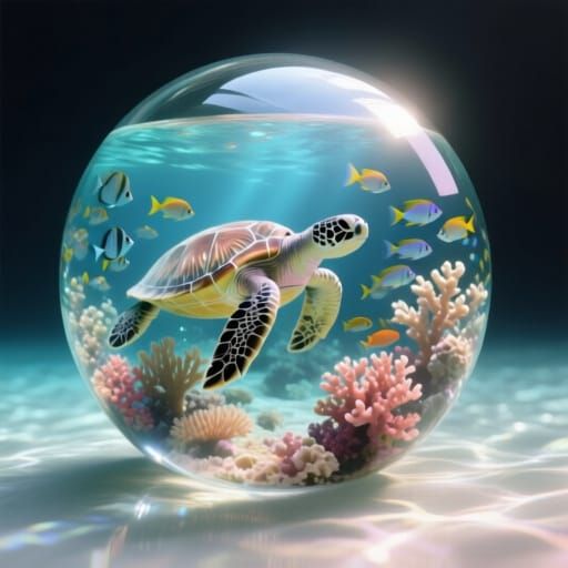 Realistic Glass Sphere with Underwater Scene in Pastel Color...