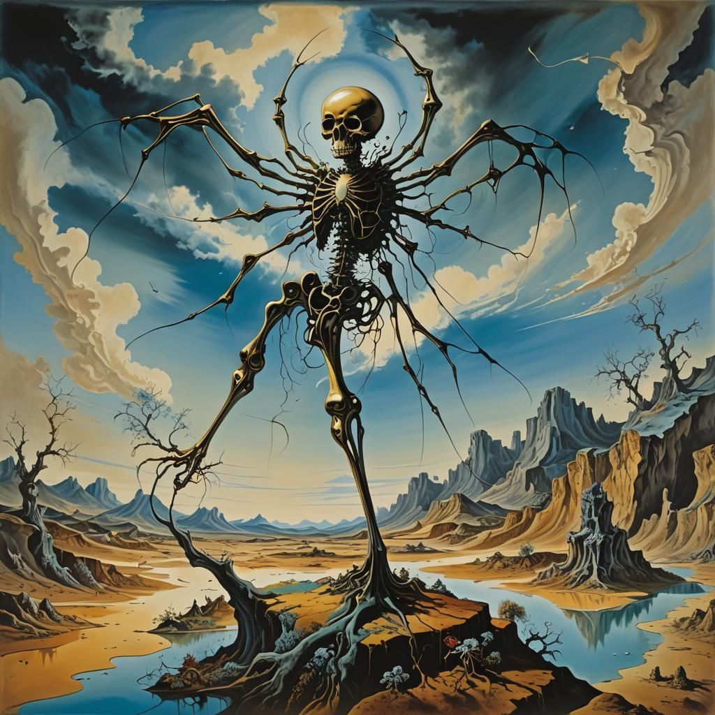 Surreal Landscape with Elastic Flora and Winged Skeleton