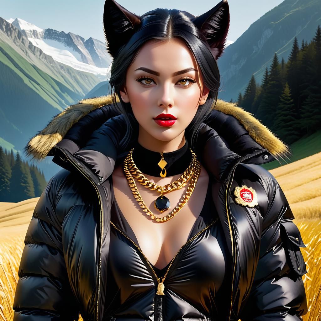 The real Lycanthrope in shiny black nylon down jacket, golde...