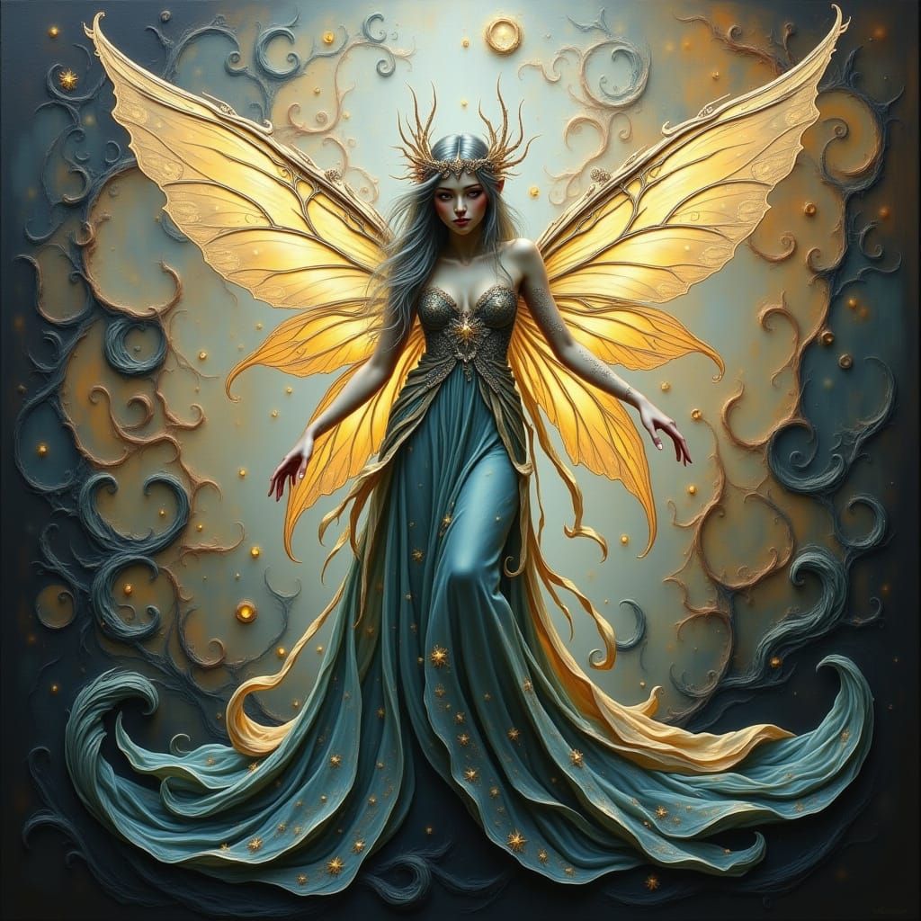 Elegant Fairy Amidst Abstract Nebula in Mixed-Media Style