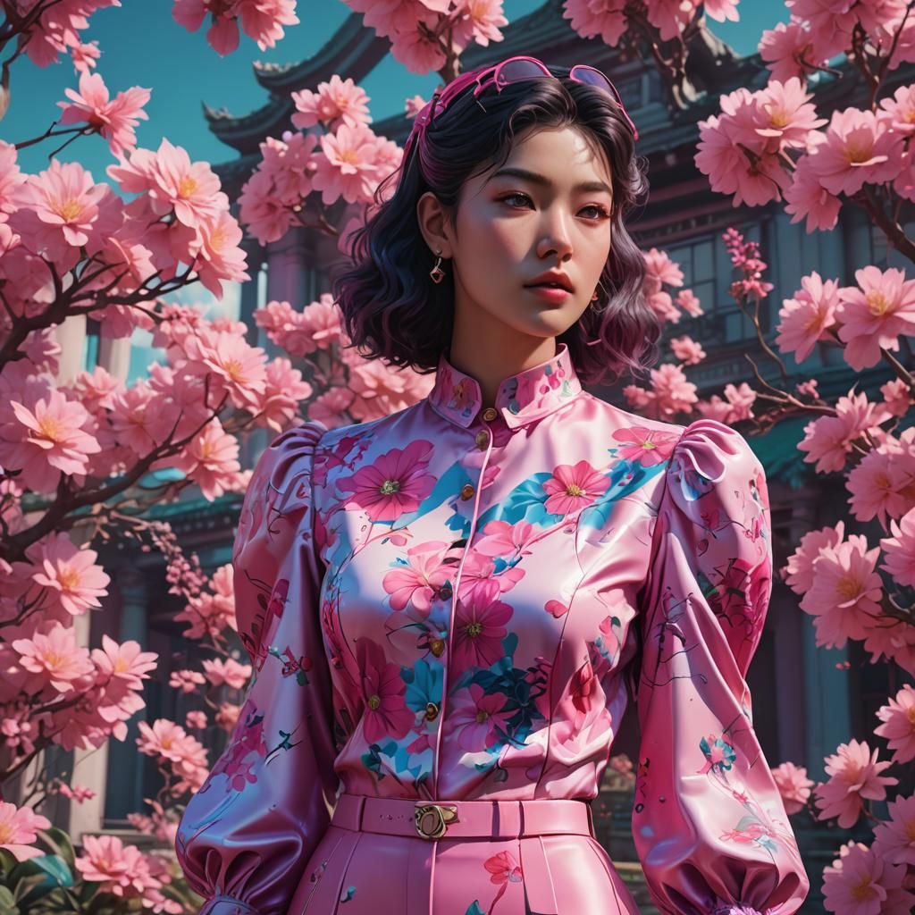 Pink Floral Blouse in Vaporwave Style