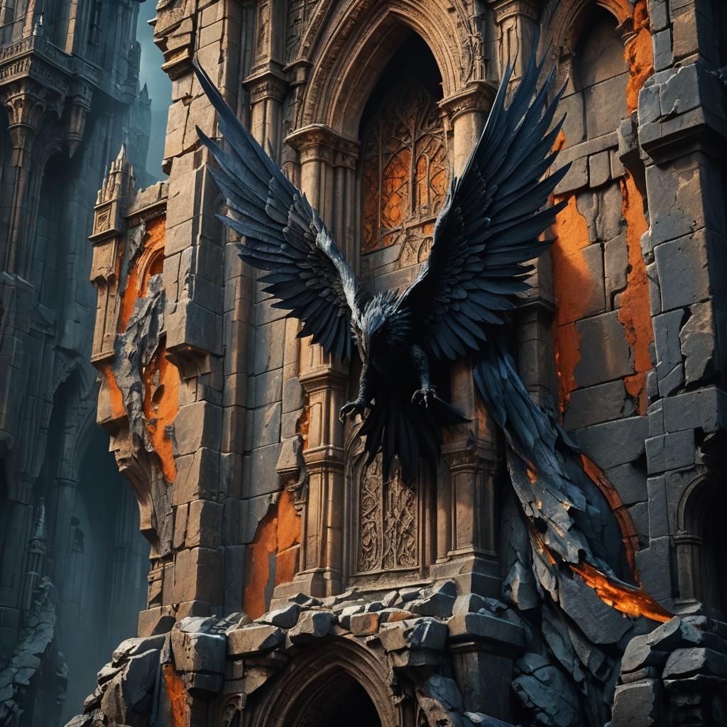 Winged Creature Climbing a Dark Stone Wall