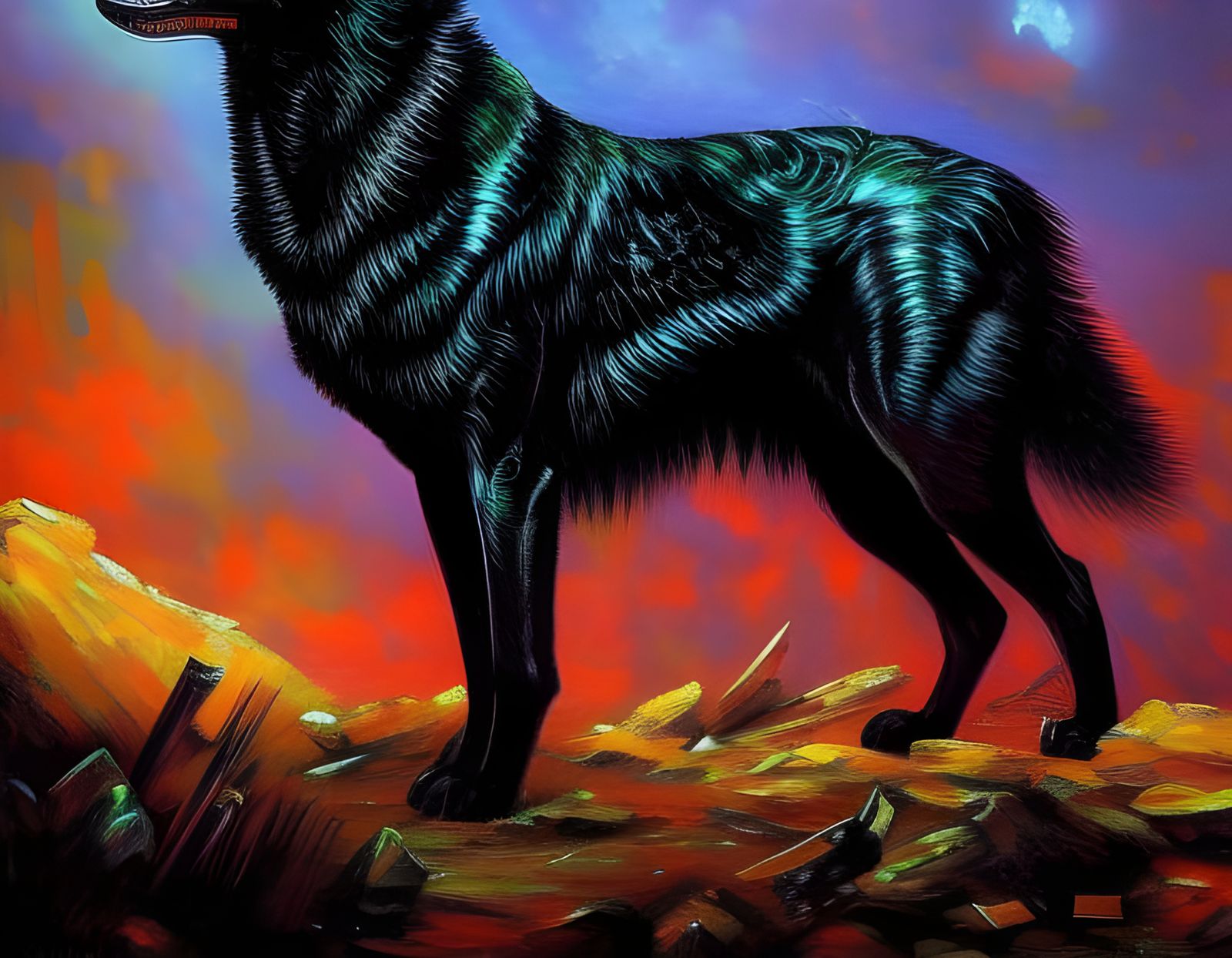 Cyberpunk Black Wolf in Impasto Style