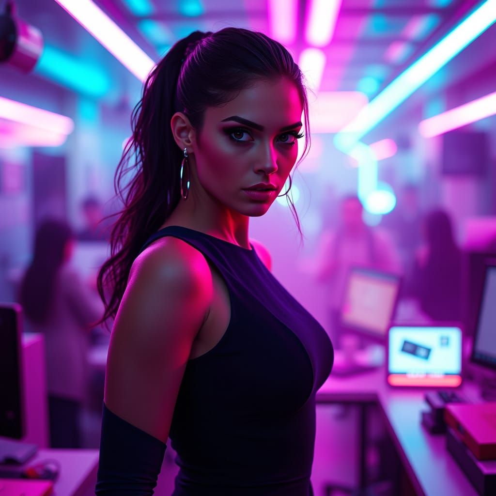 Synthwave Woman in Chaotic Office Neon