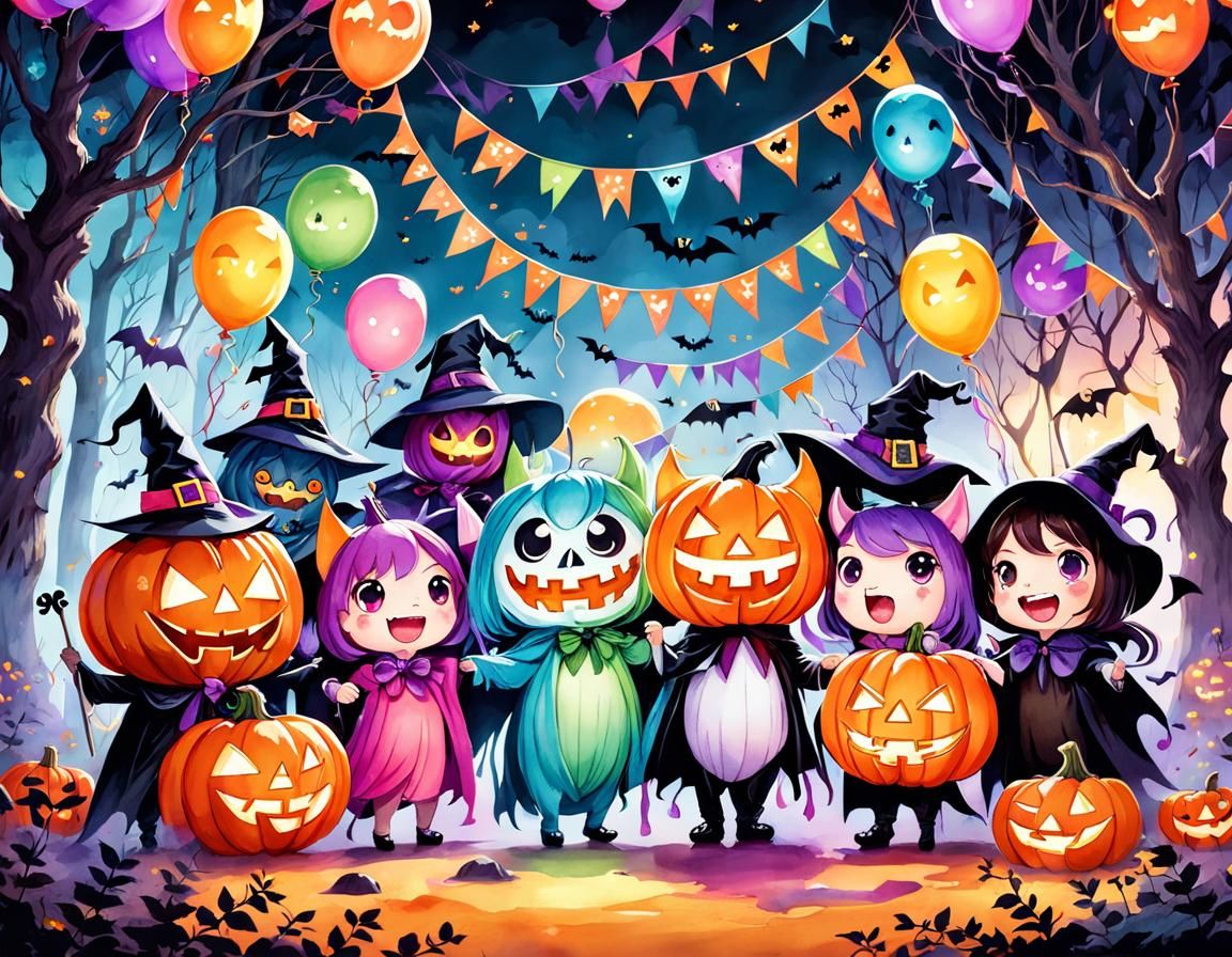Kawaii Halloween Monster Party in Watercolor Style