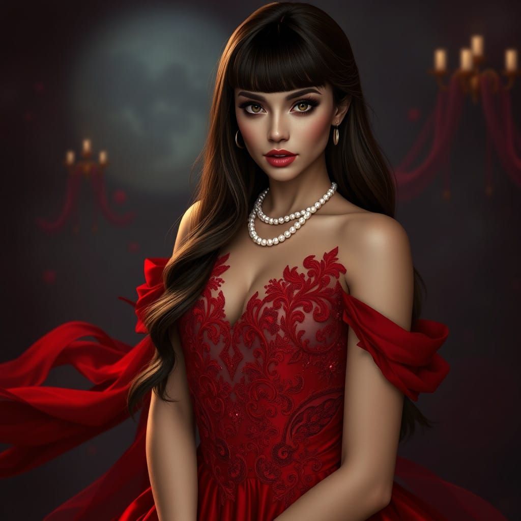 Ethereal Brunette in Romantic Red Evening Gown