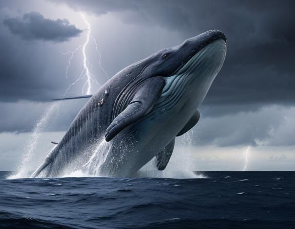 Majestic Blue Whale Swimming in Stormy Ocean: Hyperrealistic