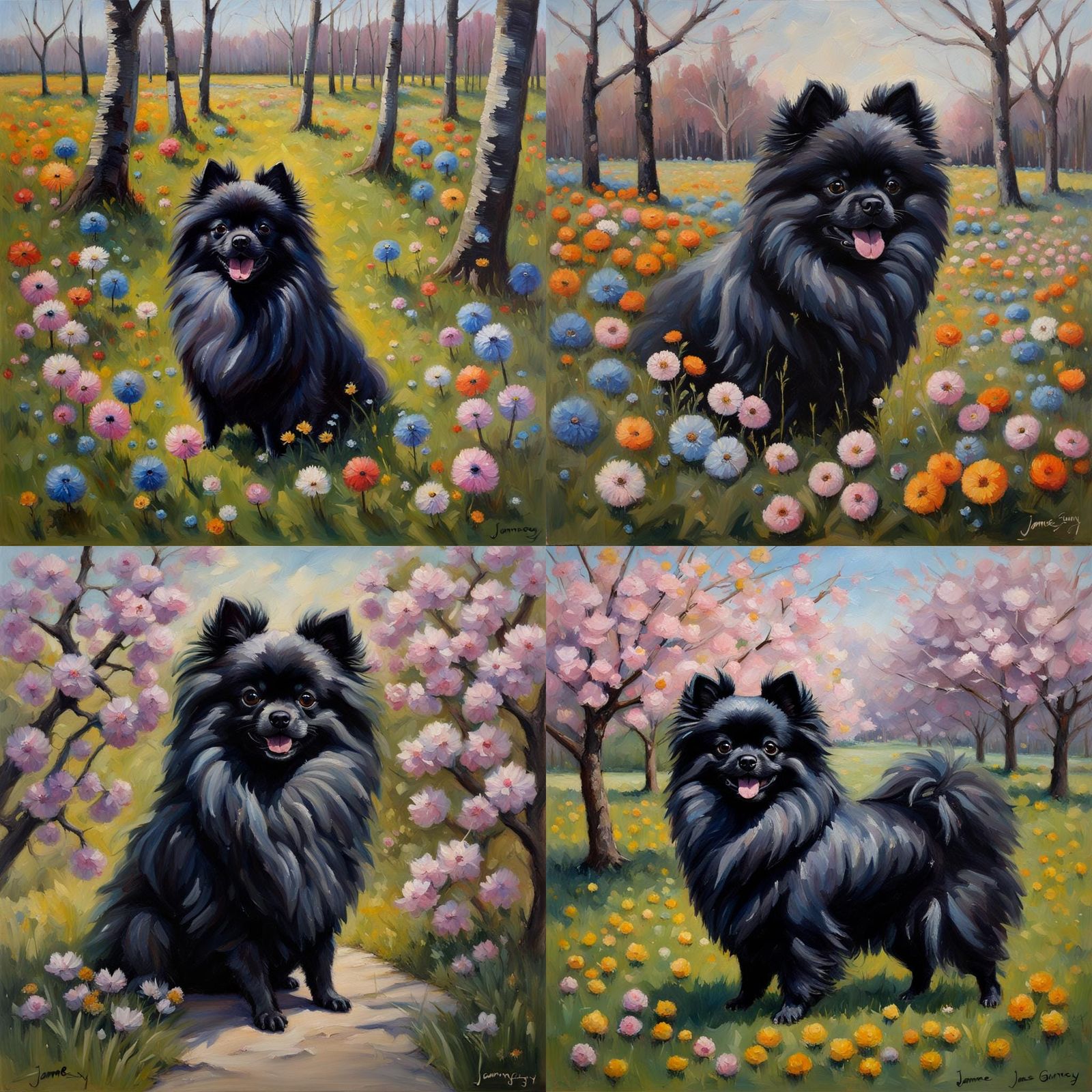 Black Pomeranian in Spring, Oil Painting
