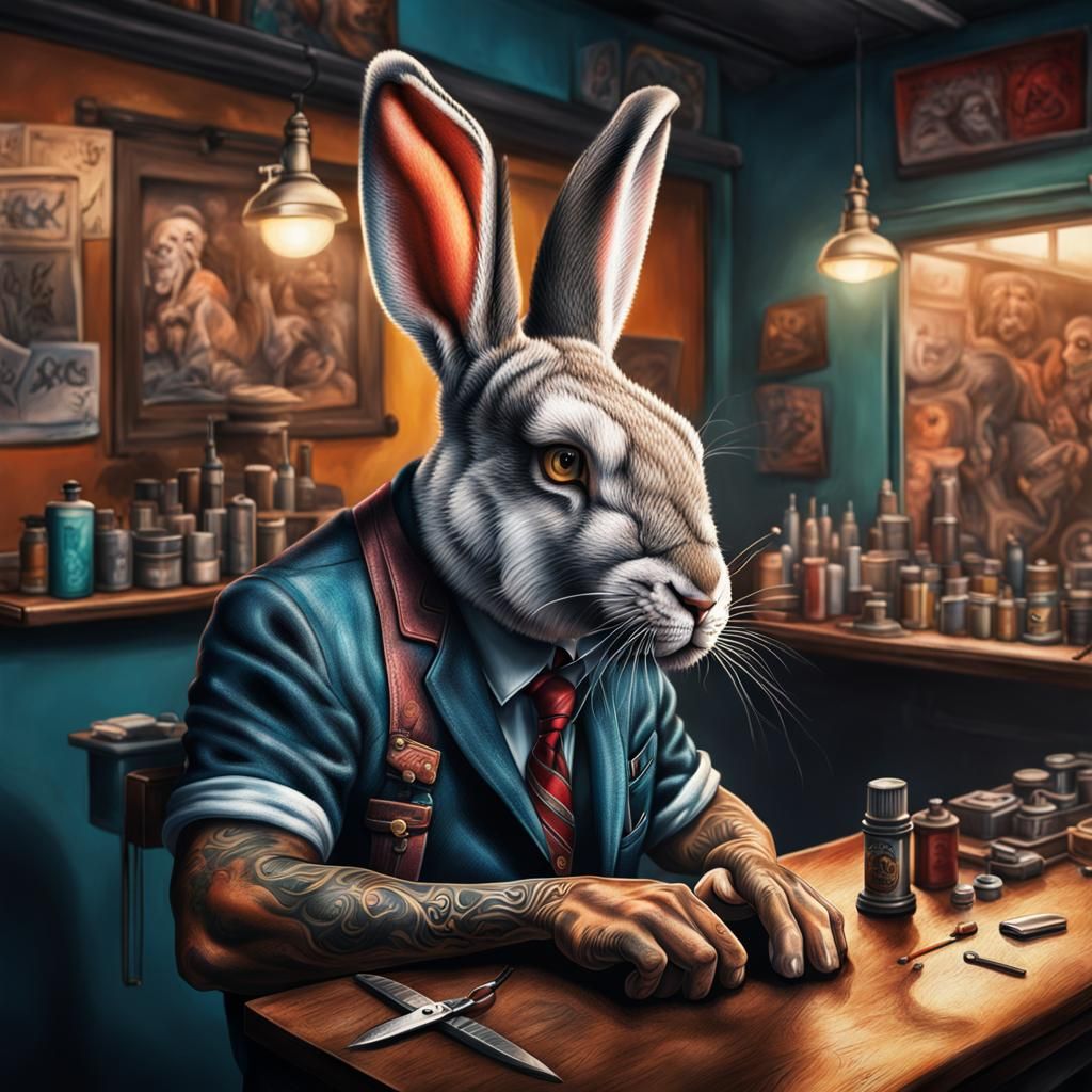 Gangster Rabbit in Barber Shop: Hyperrealistic Splash Art