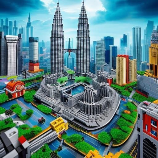 Lego Kuala Lumpur Cityscape in Hyperrealistic Digital Painti...