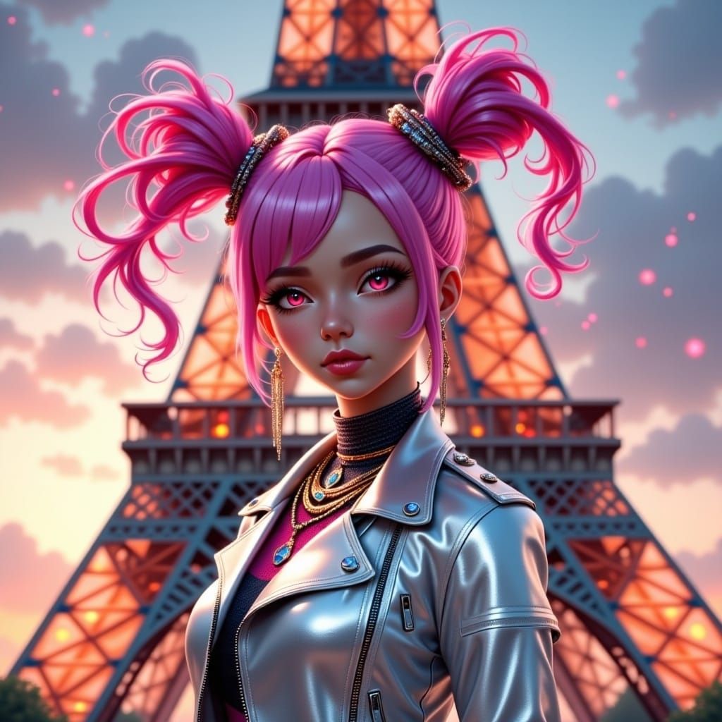 Pink-Haired Punk Girl in Paris, Impressionistic Style