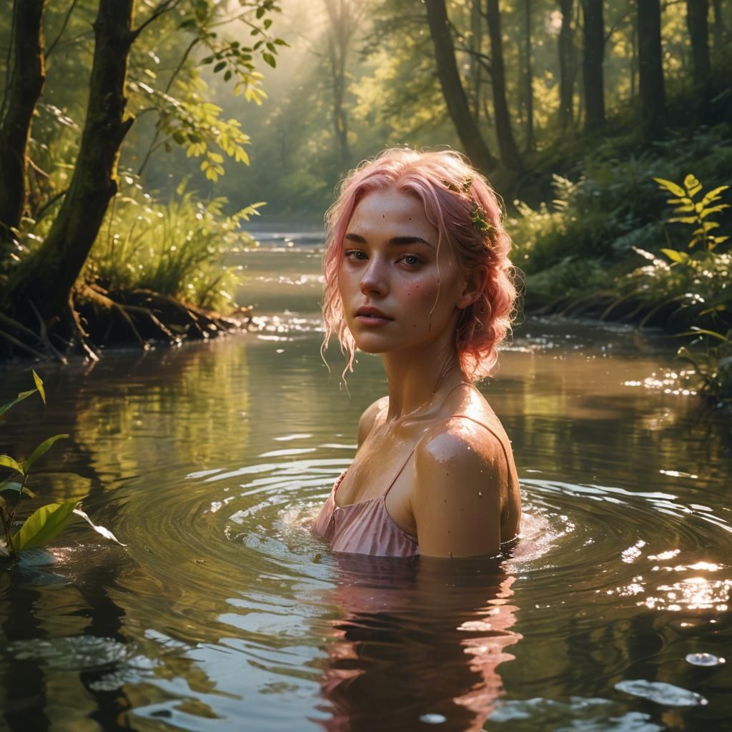 Girl Bathing in River: Hyperrealistic Digital Art