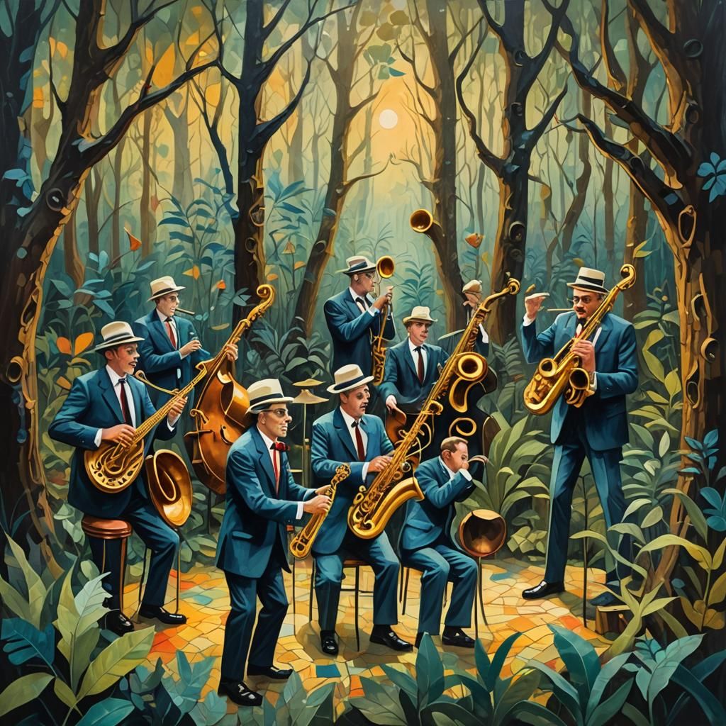 Magical Jazz Band in Mystical Forest: Impasto Gouache