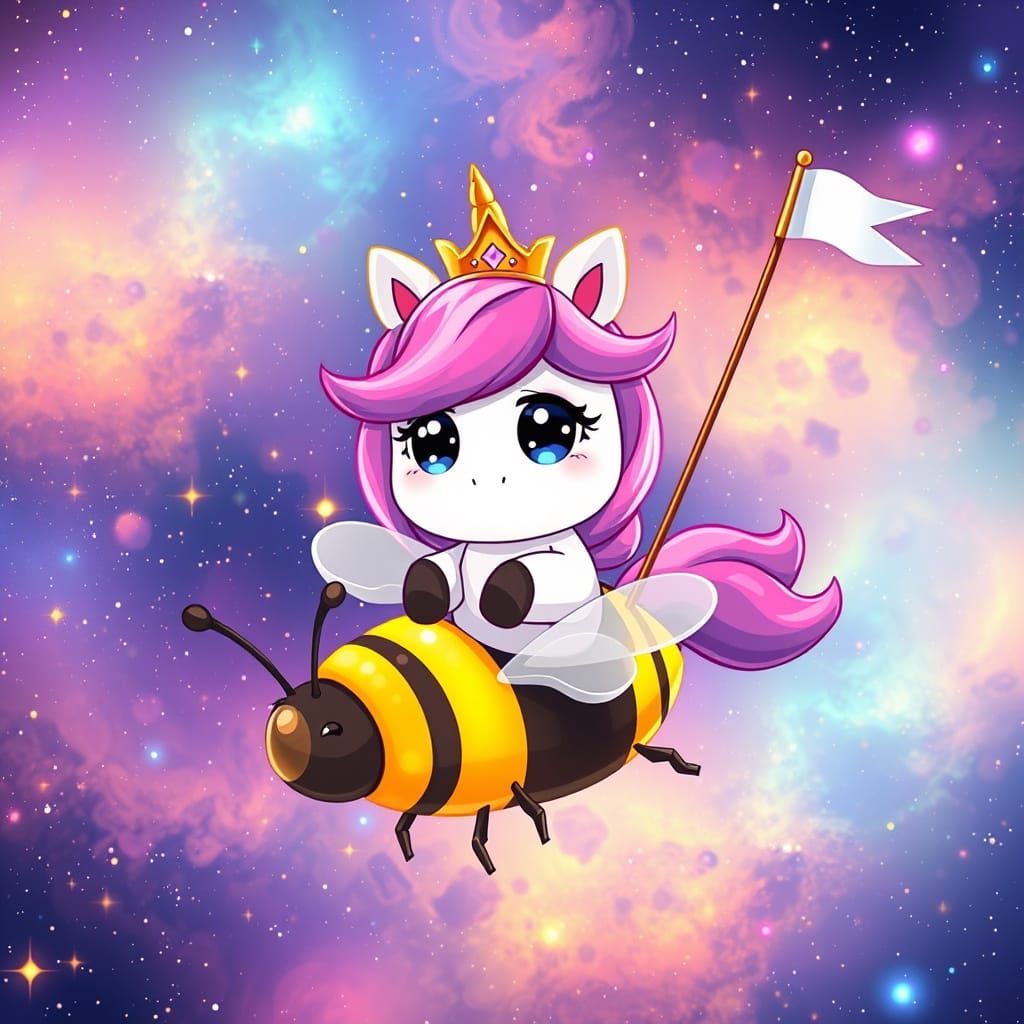 Picture a fluffy, cartoonish chibi unicorn wearing a tiny cr...