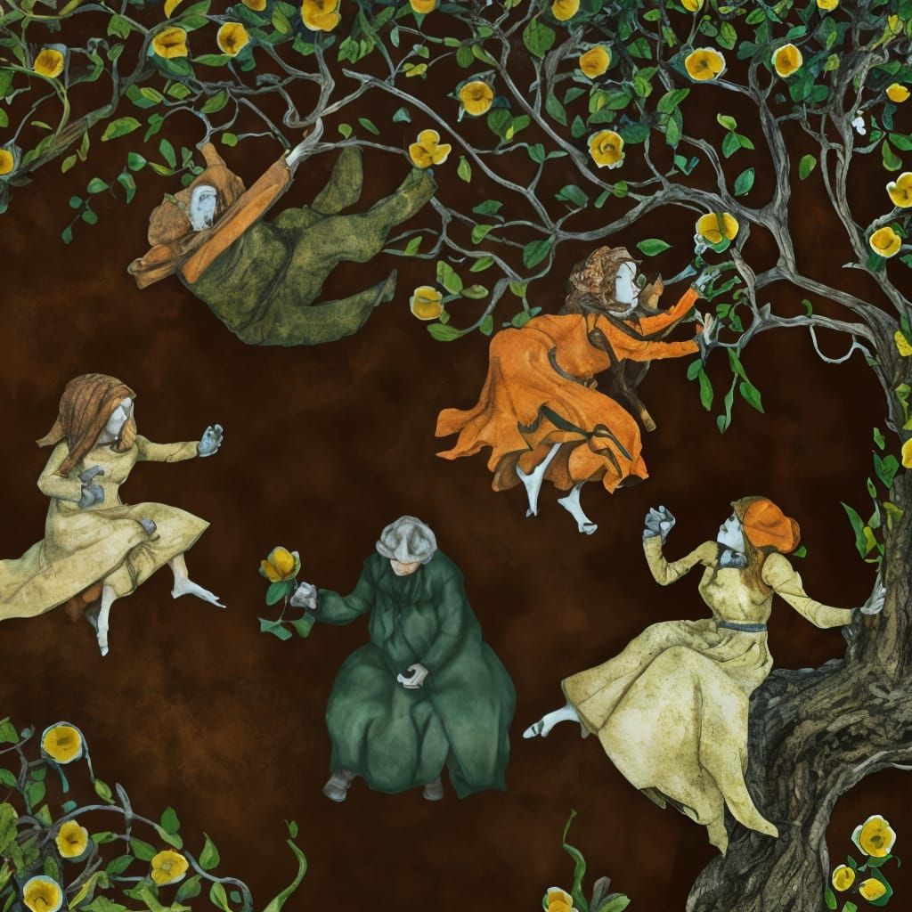 Storybook illustration. Autum colours, tiny people.