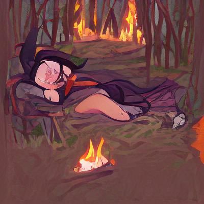 Witch Resting by Campfire in Dark Forest