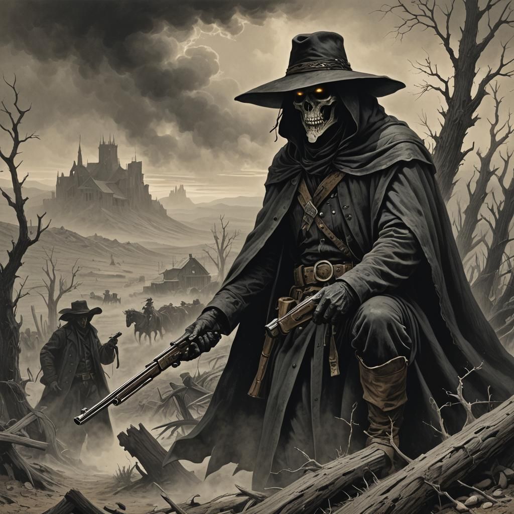 Reaper in Western Desert Haze: Horror Illustration