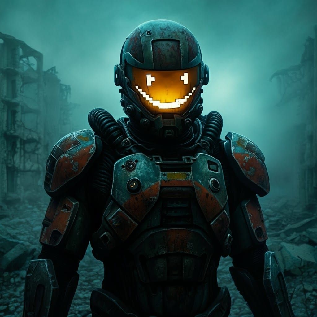 Worn Exo-Suit in Dystopian Sci-Fi Horror Backdrop