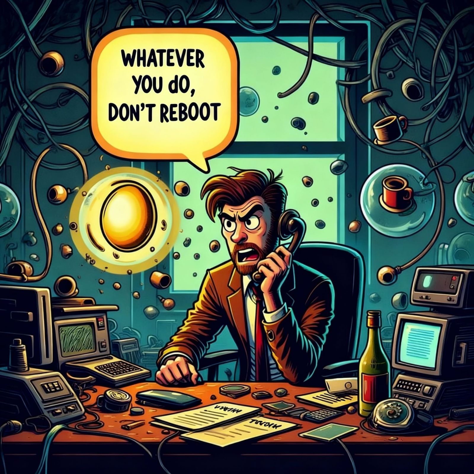 Panicked IT Pro in Surreal Office, Retro Phone Call