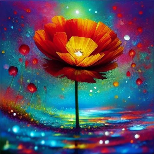 Vibrant Oil Painting of a Single Poppy in Golden Hour